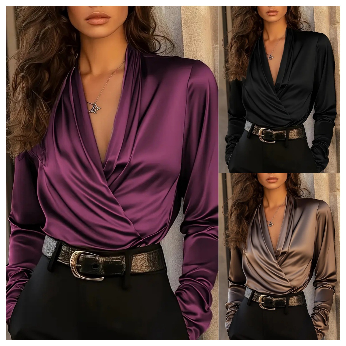 Women'S Formal Evening Wear Tops - بلوزة نسائية من الساتان بياقة ملفوفة