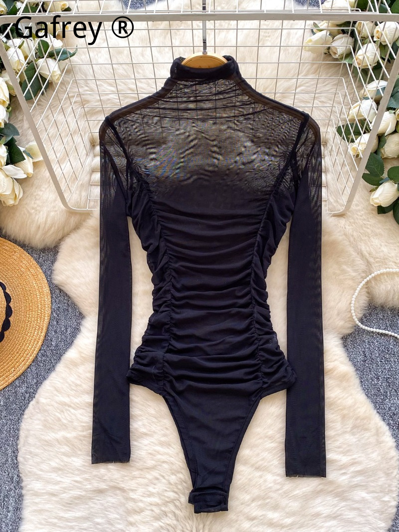 Turtleneck Bodysuit Office - بودي سوت نسائي مثير شبكي رمادي