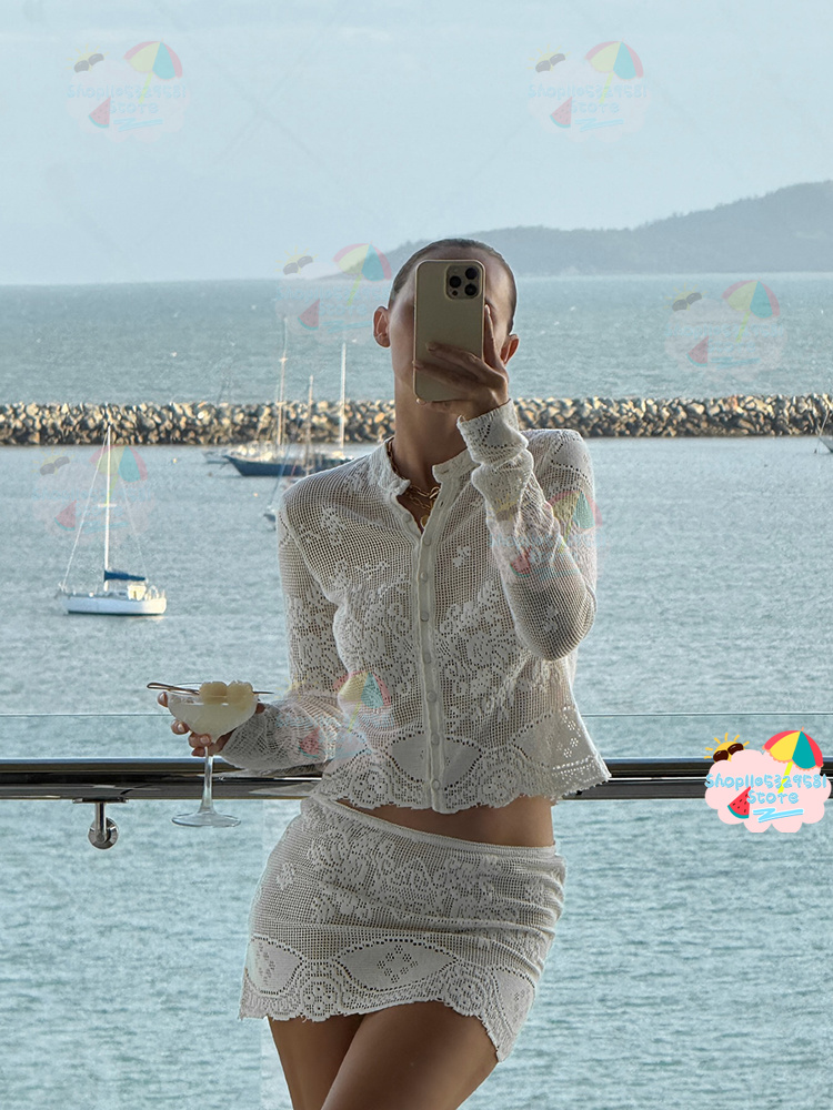 Women'S Holiday Formal Wear - طقم قطعتين أبيض مزين بالزهور ومحبوك