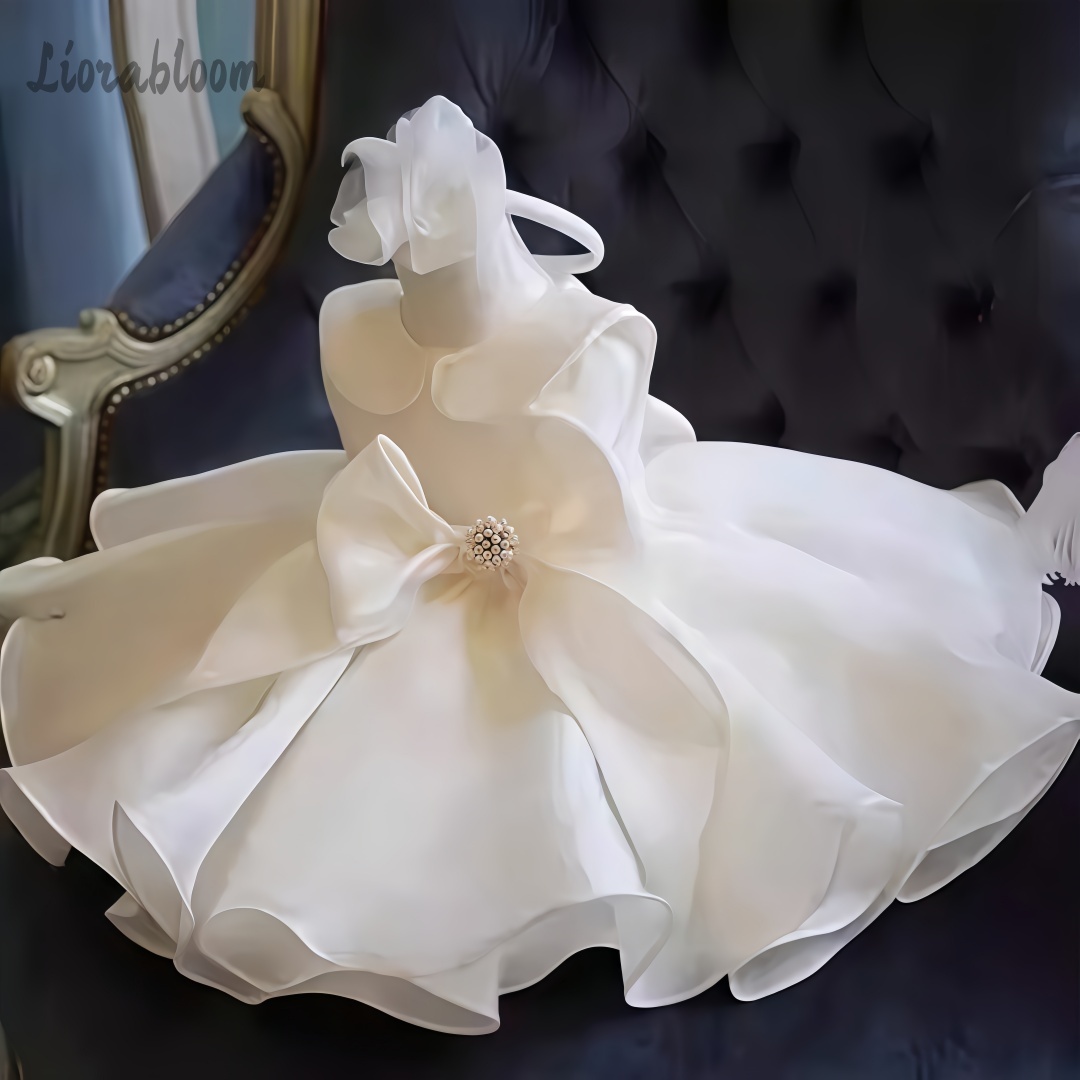 Women'S Elegant Formal Wear - فستان أبيض مزين باللؤلؤ للفتيات الصغيرات