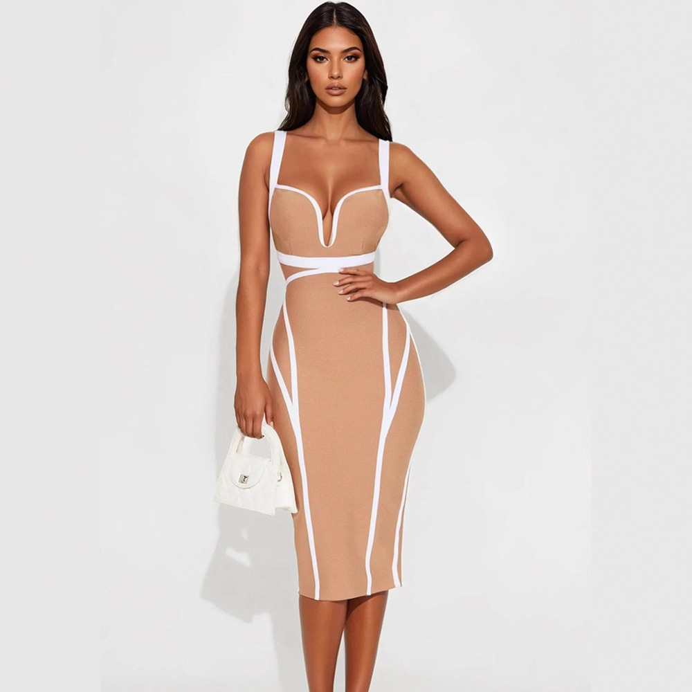 Women'S Formal Dinner Wear - فستان سهرة أبيض بحافة مشمشية اللون،