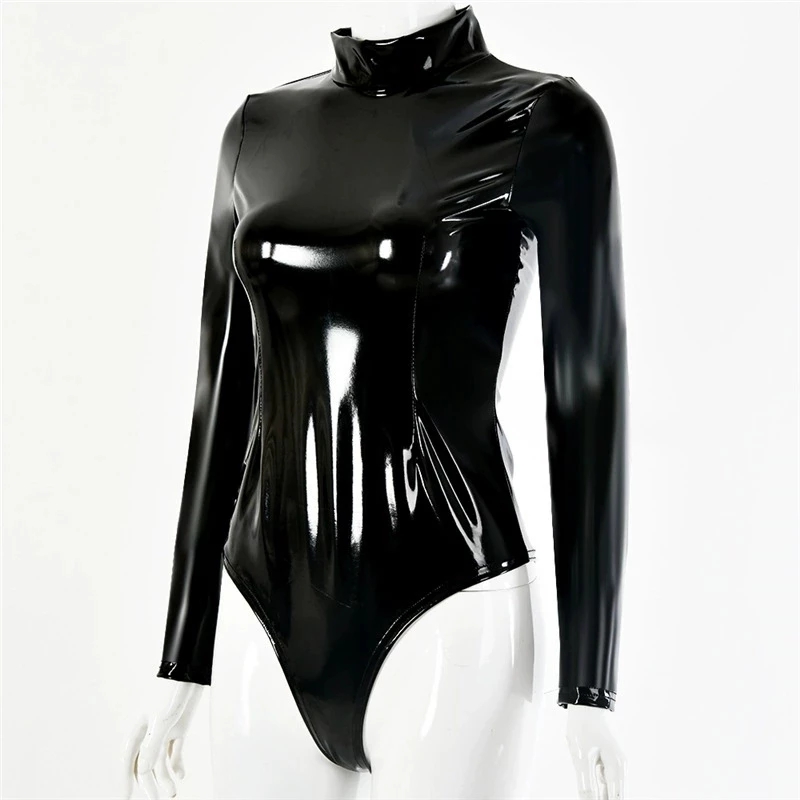 إمرأة فو اللاتكس PVC مرآة طباع - مراجعة Turtleneck Bodysuit Office وسعره