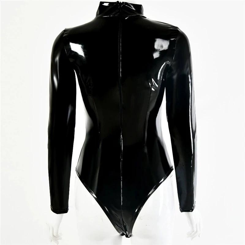 إمرأة فو اللاتكس PVC مرآة طباع - مراجعة Turtleneck Bodysuit Office وسعره